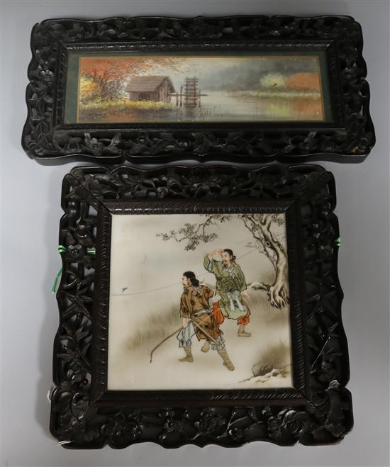 Two Chinese hardwood picture frames, one with porcelain panel